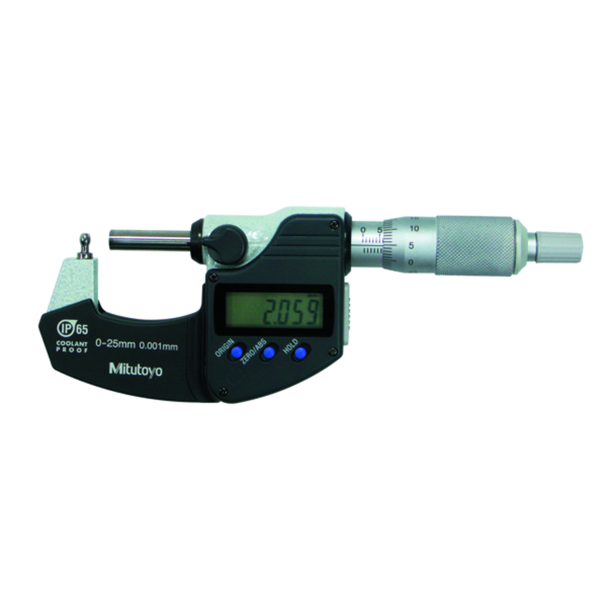 Micrómetro de tubo digital IP65, pulg/mm Husillo plano de tope esférico, 0-1 pulg