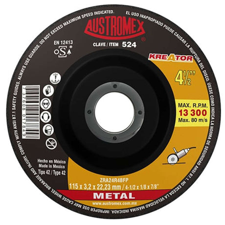 Disco de corte tipo 42,Espesor 1/8",Diámetro 4-1/2", Barreno 7/8" Abrasivos Especiales