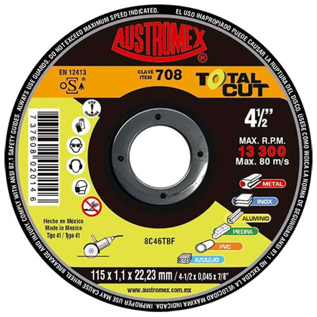 Disco multiproposito,Espesor 1.1mm,Diámetro 4-1/2", Barreno 7/8" Abrasivos Especiales