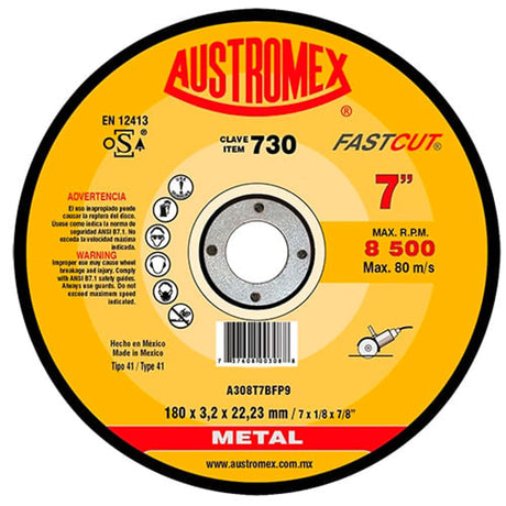 Disco de corte Fascut,Espesor 1/8",Diámetro 7", Barreno 7/8" Abrasivos Especiales
