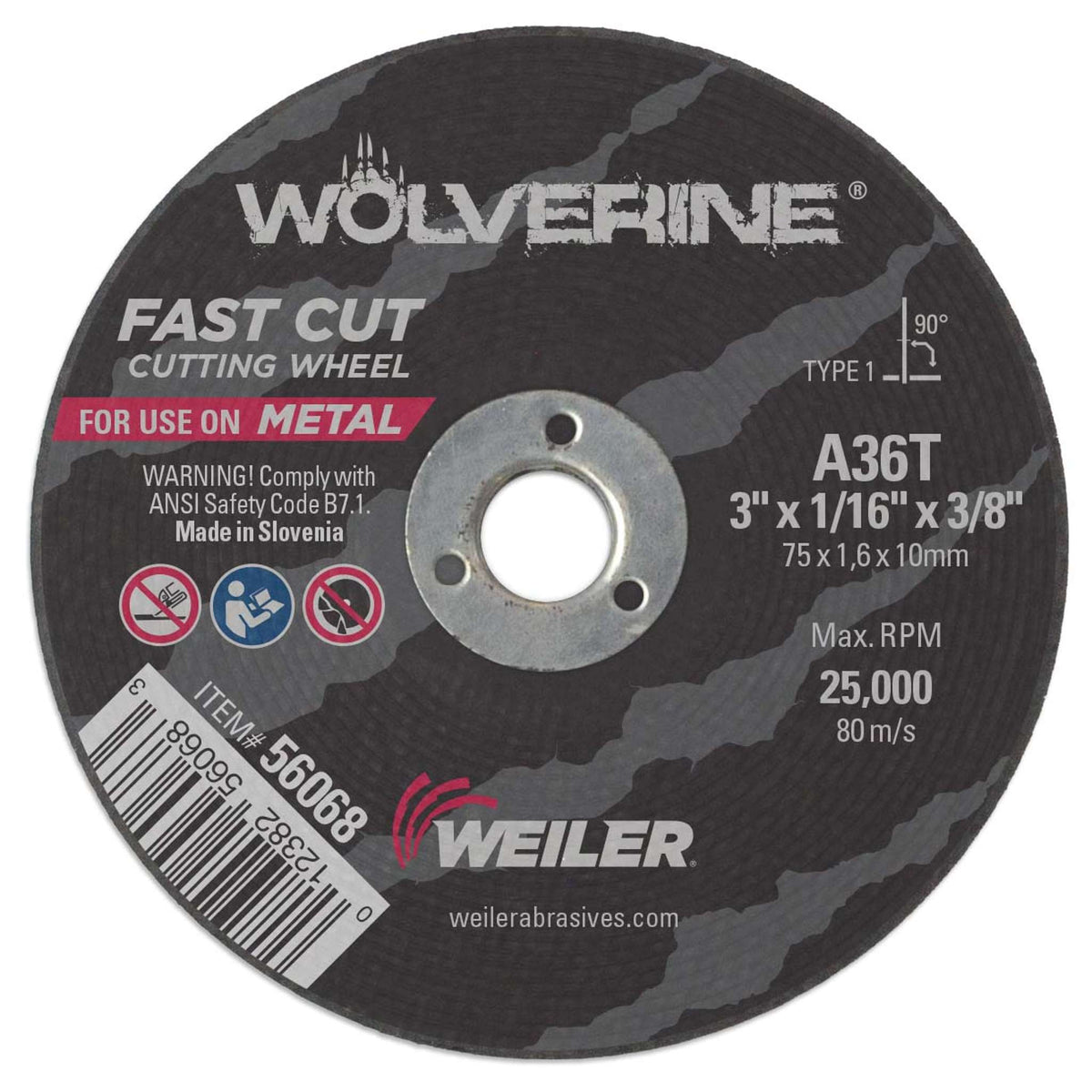 3" x 1/16" Disco de Corte Tipo 1 Wolverine, A36T, Entrada 3/8" Weiler