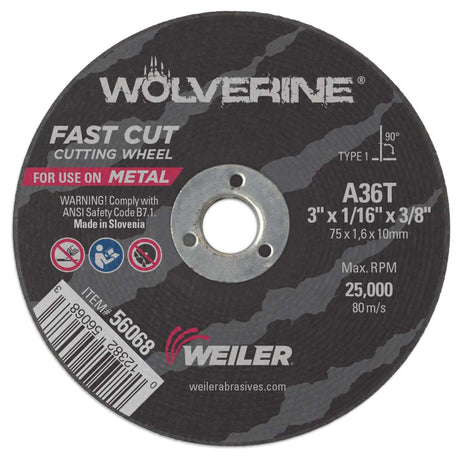 3" x 1/16" Disco de Corte Tipo 1 Wolverine, A36T, Entrada 3/8" Weiler