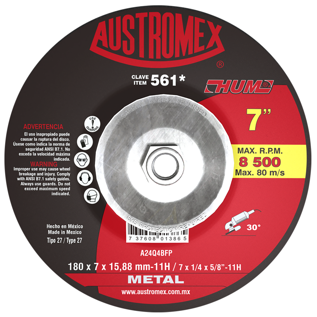 Disco de Desbaste, tipo 27A, de Óxido de Aluminio, diam. 7 pulg, espesor 1/4 pulg, barreno de 7/8 pulg Austromex
