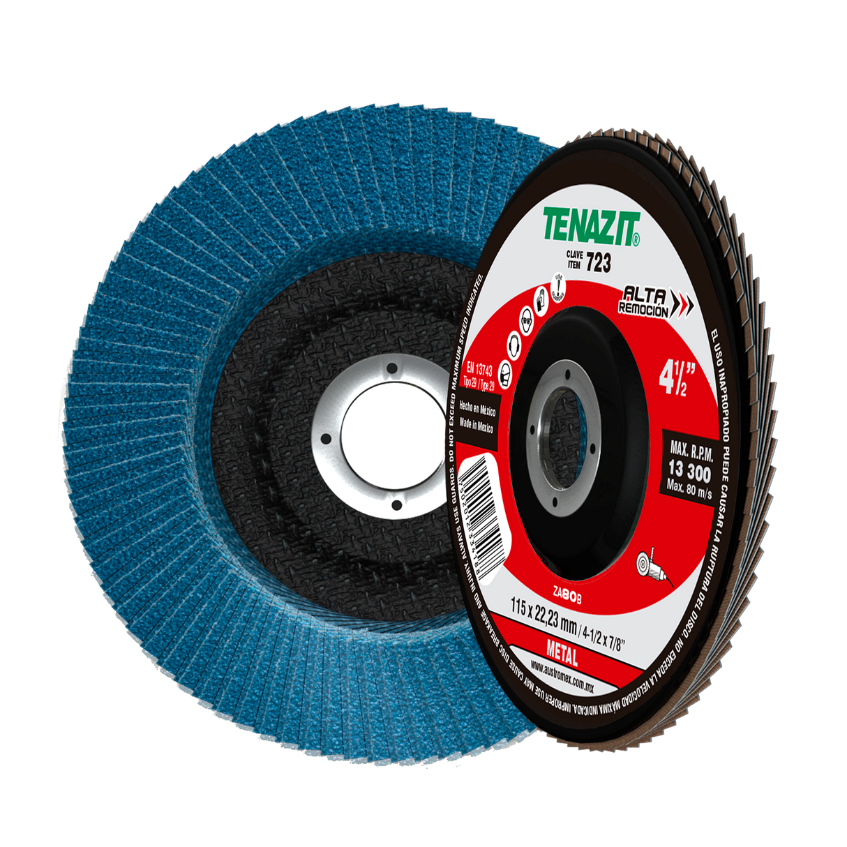 Disco Laminado de Zirconio, Diam. 4-1/2pulg, barreno 7/8 pulg, grano 80, respaldo Fibra de Vidrio