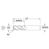 Cortador Vertical de Alto Rendimiento, Diam. Cte. 1/2 pulg, 3 Flautas, Radios en Esquina