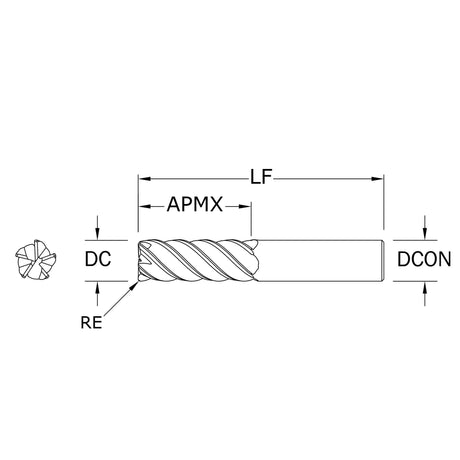 Cortador Vertical de Alto Rendimiento, Diam. Cte. 16 mm, 5 Flautas, Radios en Esquina