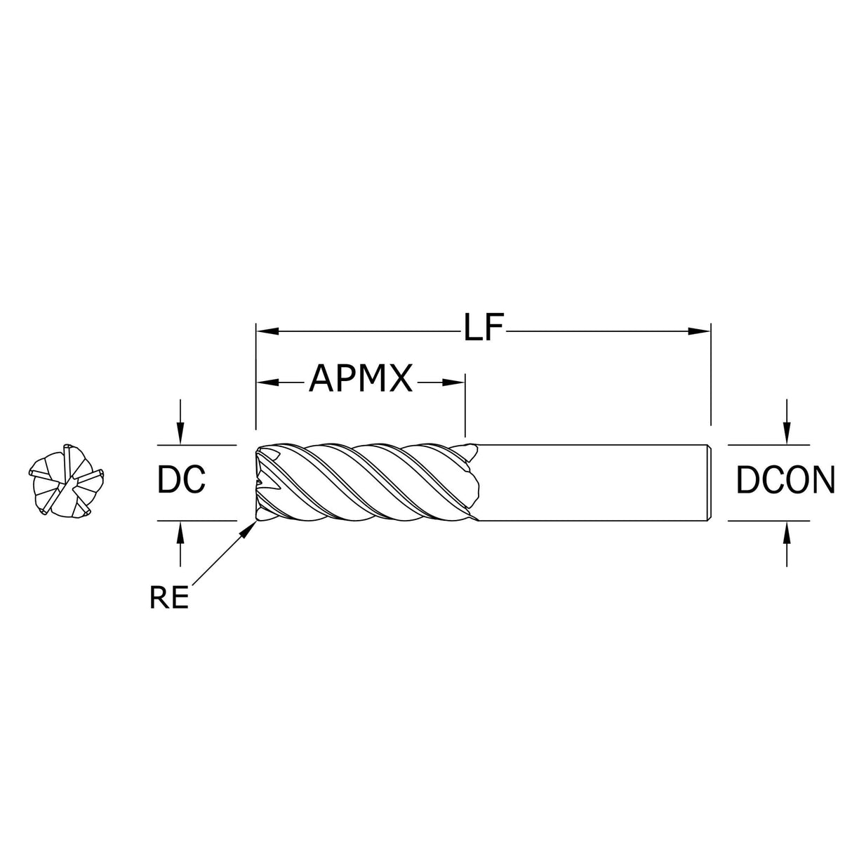 Cortador Vertical de Alto Rendimiento, Diam. Cte. 1/2 pulg, 5 Flautas, Radios en Esquina