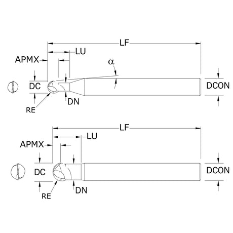 Cortador Vertical de Alto Rendimiento, Diam. Cte. 1/32 pulg, 2 Flautas, Punta Bola