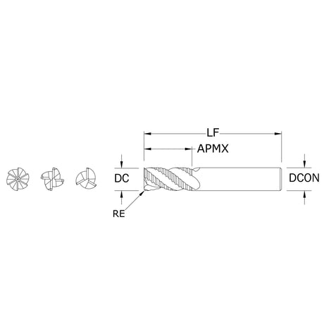 Cortador Vertical de Propósito General, Diam. 1/2 pulg, 4 Flautas, Rompevirutas