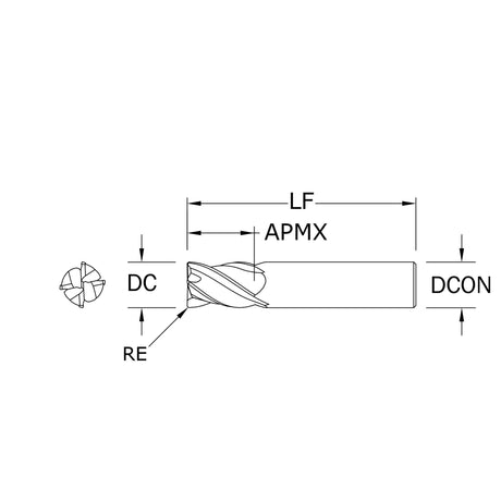 Cortador Vertical de Alto Rendimiento, Diam. Cte. 1/2 pulg, 4 Flautas, Radios en Esquina
