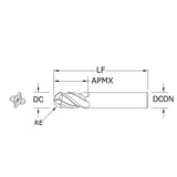 Cortador Vertical de Alto Rendimiento, Diam. Cte. 5/16 pulg, 4 Flautas, Punta Bola