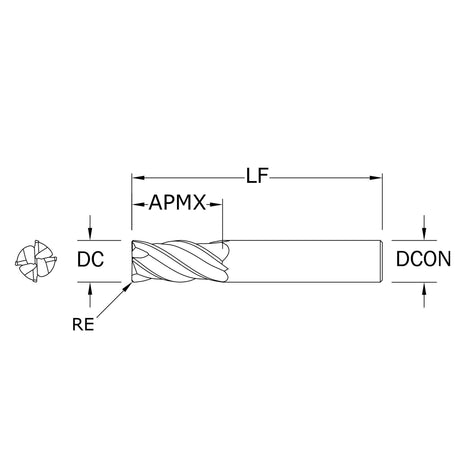 Cortador Vertical de Alto Rendimiento, Diam. Cte. 1/4 pulg, 4 Flautas, Radios en Esquina