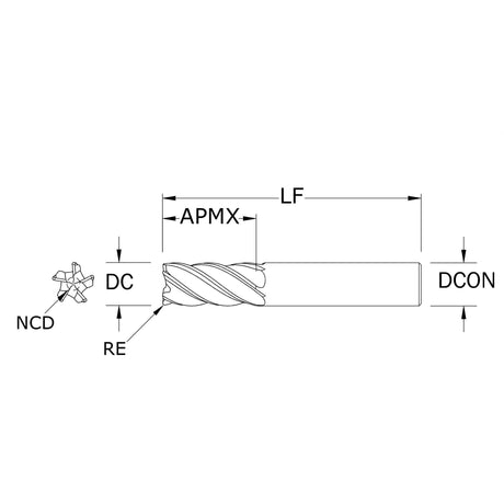 Cortador Vertical de Alto Rendimiento, Diam. Cte. 12 mm, 5 Flautas, Radios en Esquina