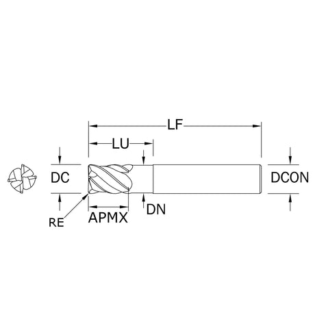 Cortador Vertical de Alto Rendimiento, Diam. Cte. 7/16 pulg, 4 Flautas, Radios en Esquina