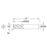 Cortador Vertical de Alto Rendimiento, Diam. Cte. 3/8 pulg, 4 Flautas, Radios en Esquina
